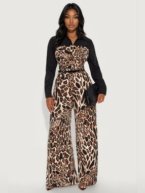 Fashion Nova Leopard Print Wide-Leg Jumpsuit